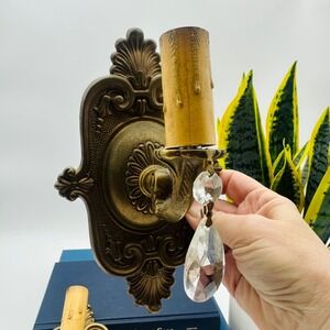 Vintage Pair Brass Ornate Wall Sconces Crystal Prisms Hardwired Lighting